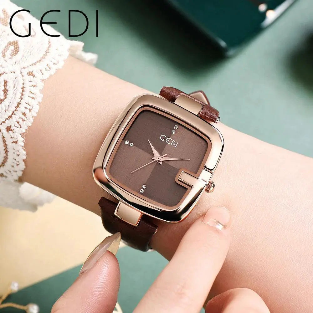 Square Women's Quartz Watch With Brown Leather Strap