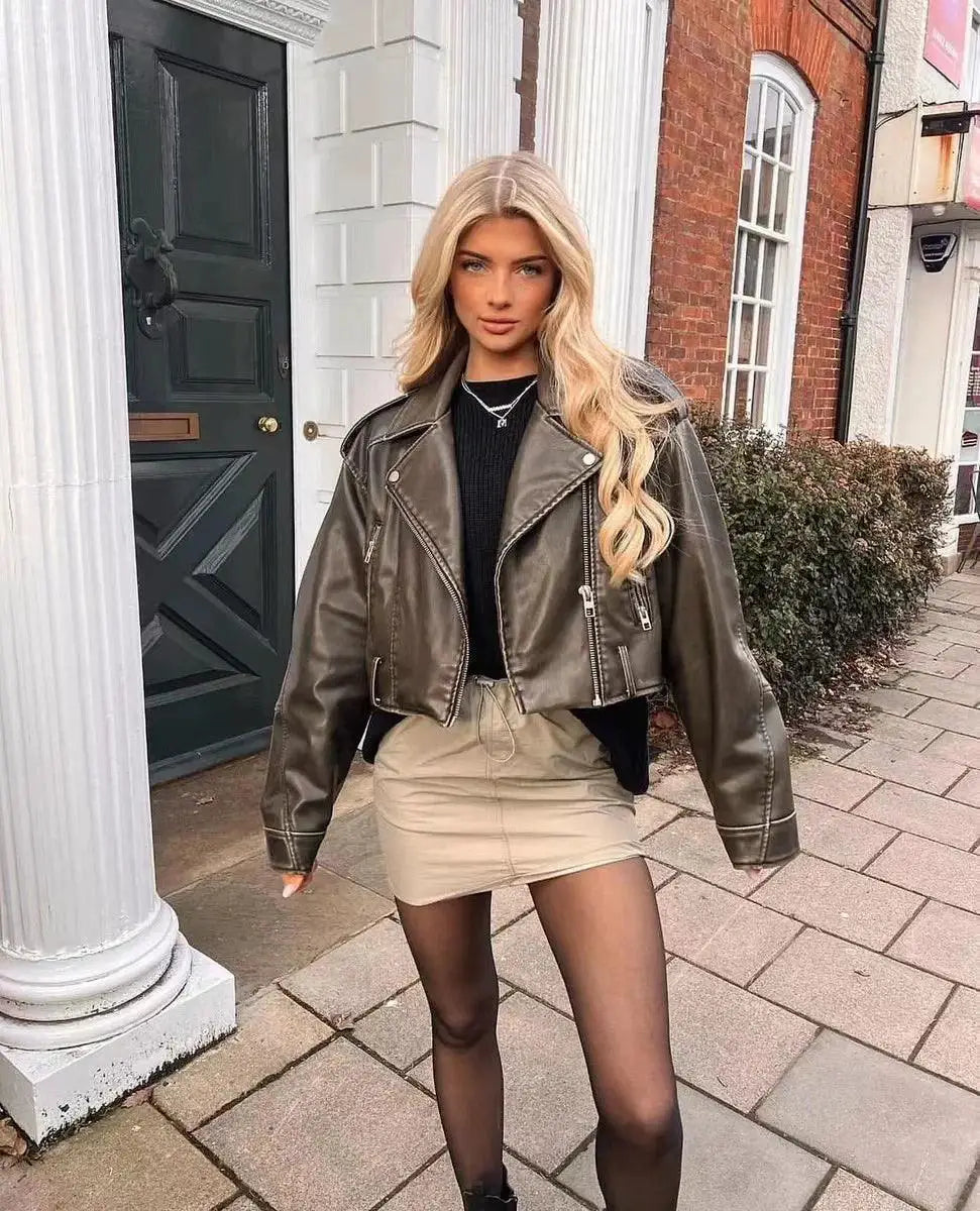 Vintage Faux Leather Moto Jacket for Women Retro Coat