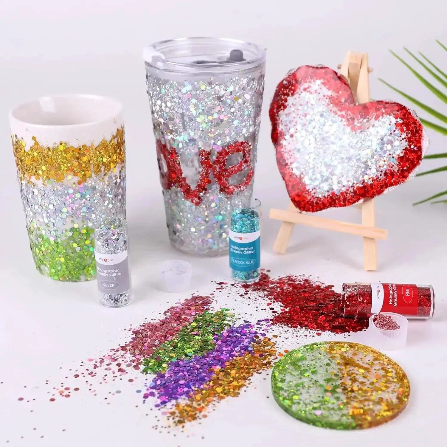HTVRONT 150g 15 Color Holographic Chunky Glitter Powder Set