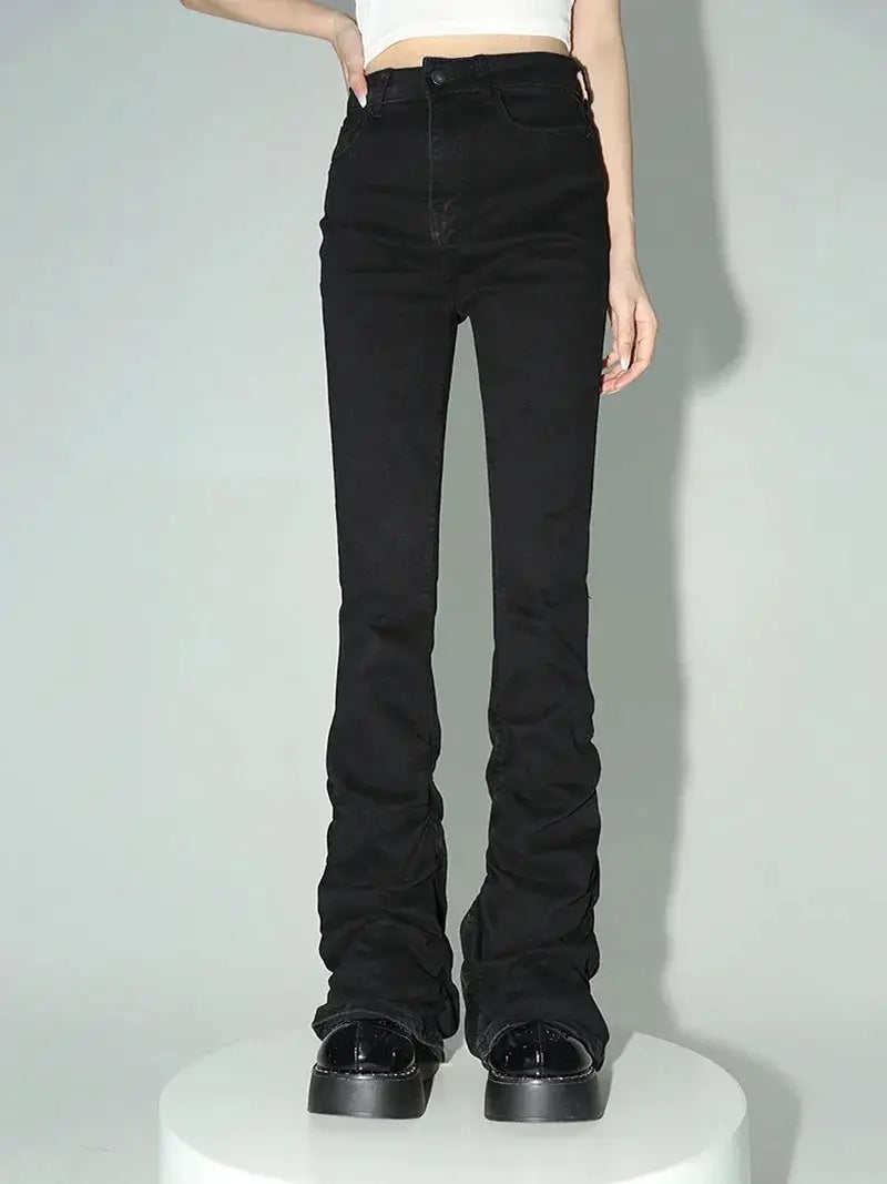 REDDACHiC Black Ruched Flare Jeans High Rise For Women