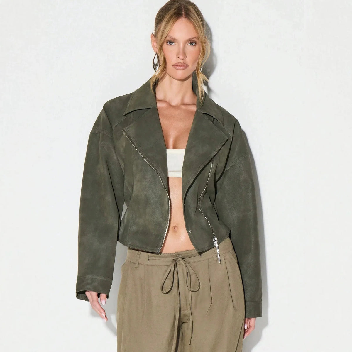 Belted Notched Lapel Zip Jacket