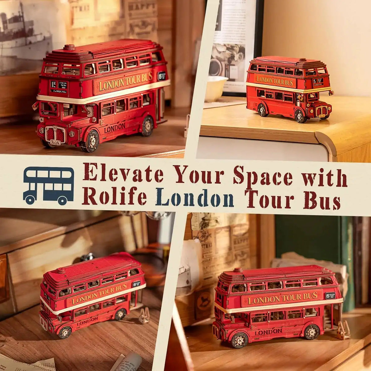 Robotime London Tour Bus 3D Wooden Puzzles Wood Model Toy Car to Build Crafts Collectibles Gifts for Boys Girls