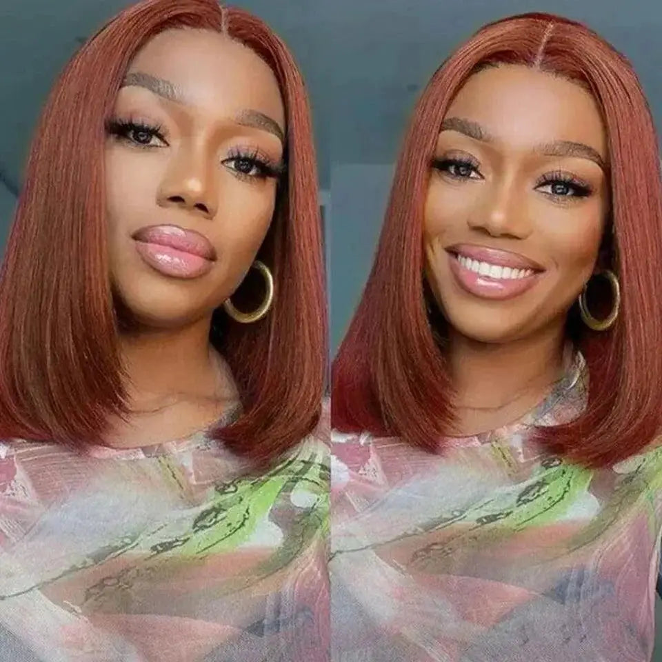 Chic Reddish Brown Bob Wig Peruvian Straight Hair 12 Inch