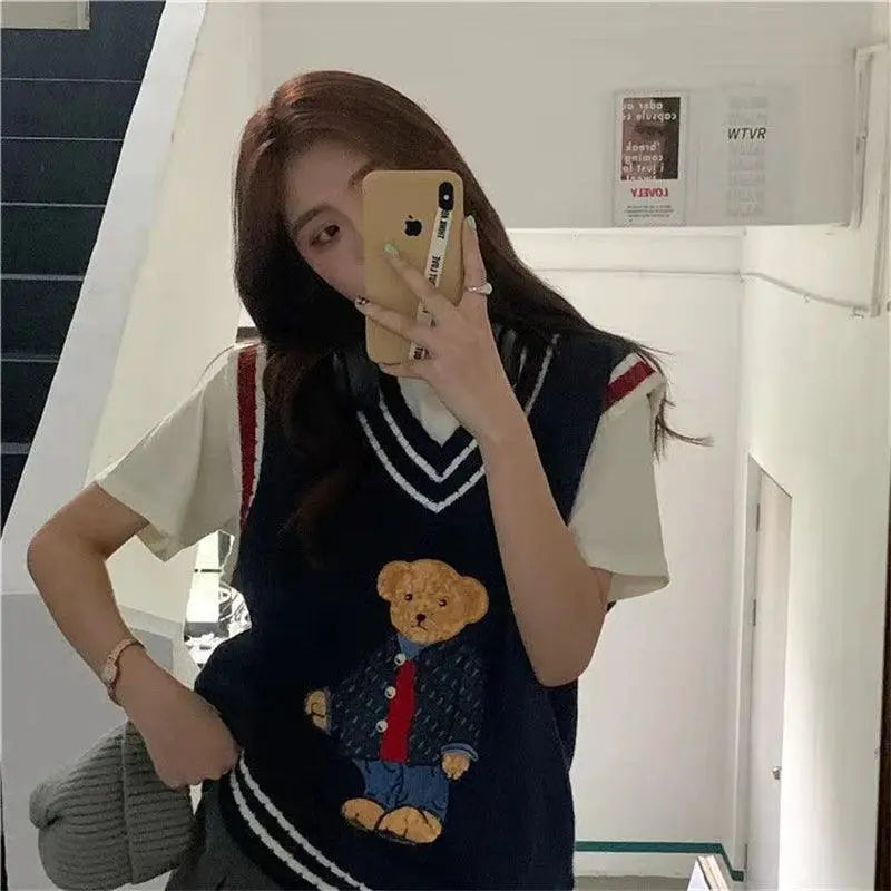Japanese Cartoon Bear Knit Vest Oversized Cozy Autumn Style