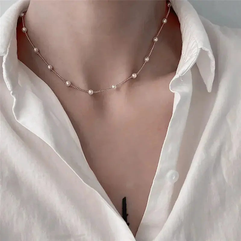 Lats Beads Kpop Pearl Choker Necklace Women Gold Goth