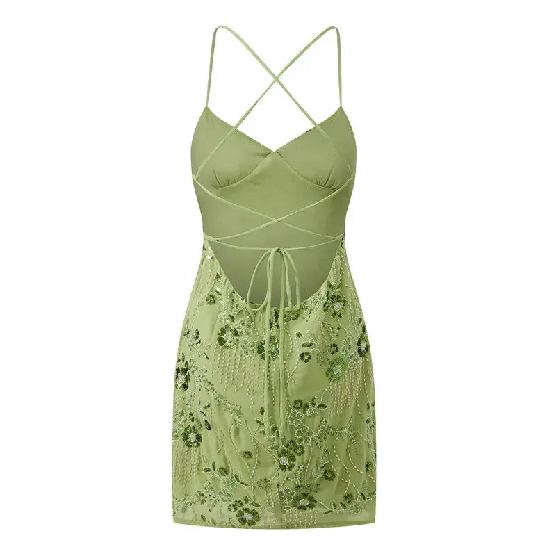 hirigin Sequin Beaded Cami Mini Dress Sexy Front V Neckline Sleeveless Short Dresses for Women Backless Criss Cross Straps Dress