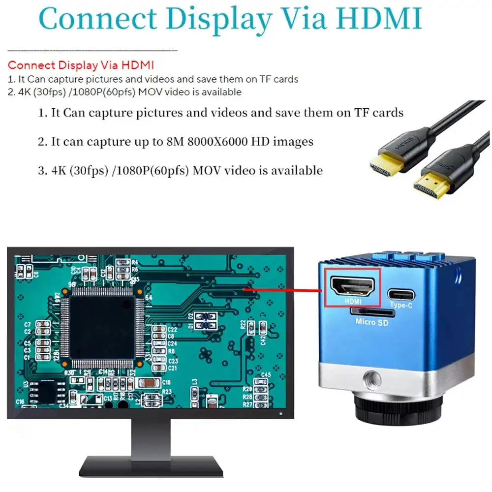 YIZHAN 4K 60MP UHD Electron Digital Microscope IMX415 HDMI Type-C Industrial Welding Camera 1080P 60FPS Soldering Tools 150X Adjustable Zoom Lens Remote Control Ring Light Metal Folding Stand Freeze Compare/Photo/Video With P