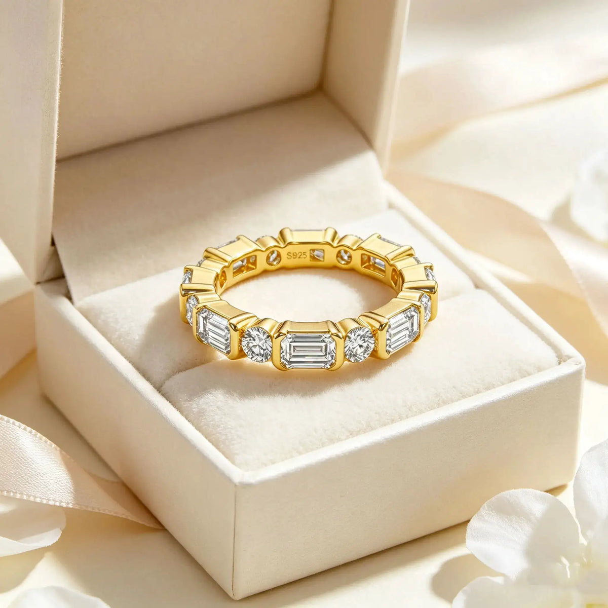 Emerald-style ring offered with moissanite and zircon stone labels