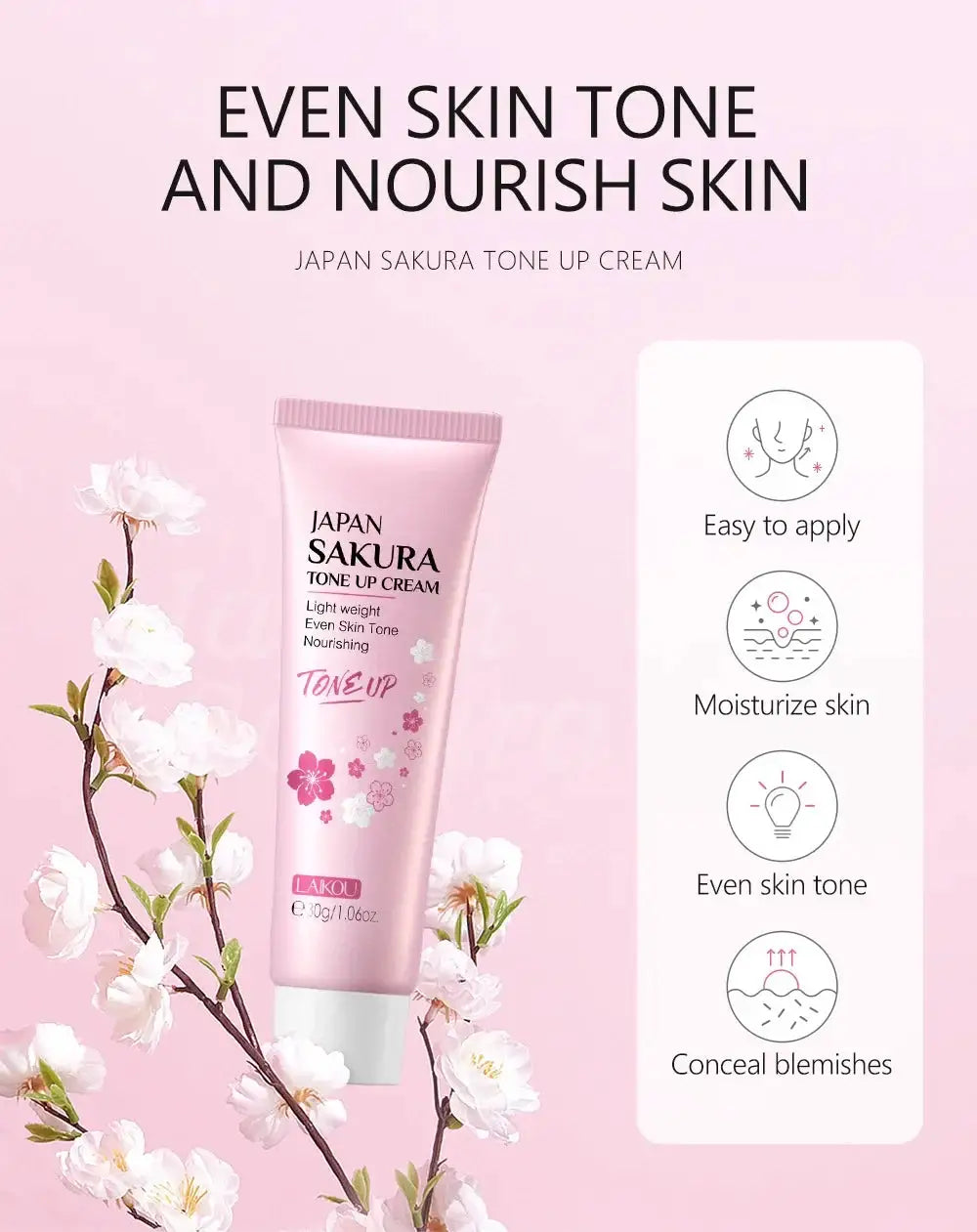 LAIKOU Cherry Blossom Suyan Cream Moisturizing Lazy Face Cream Tone up Brighten Skin Care Products Waterproof Sweatproof 30g