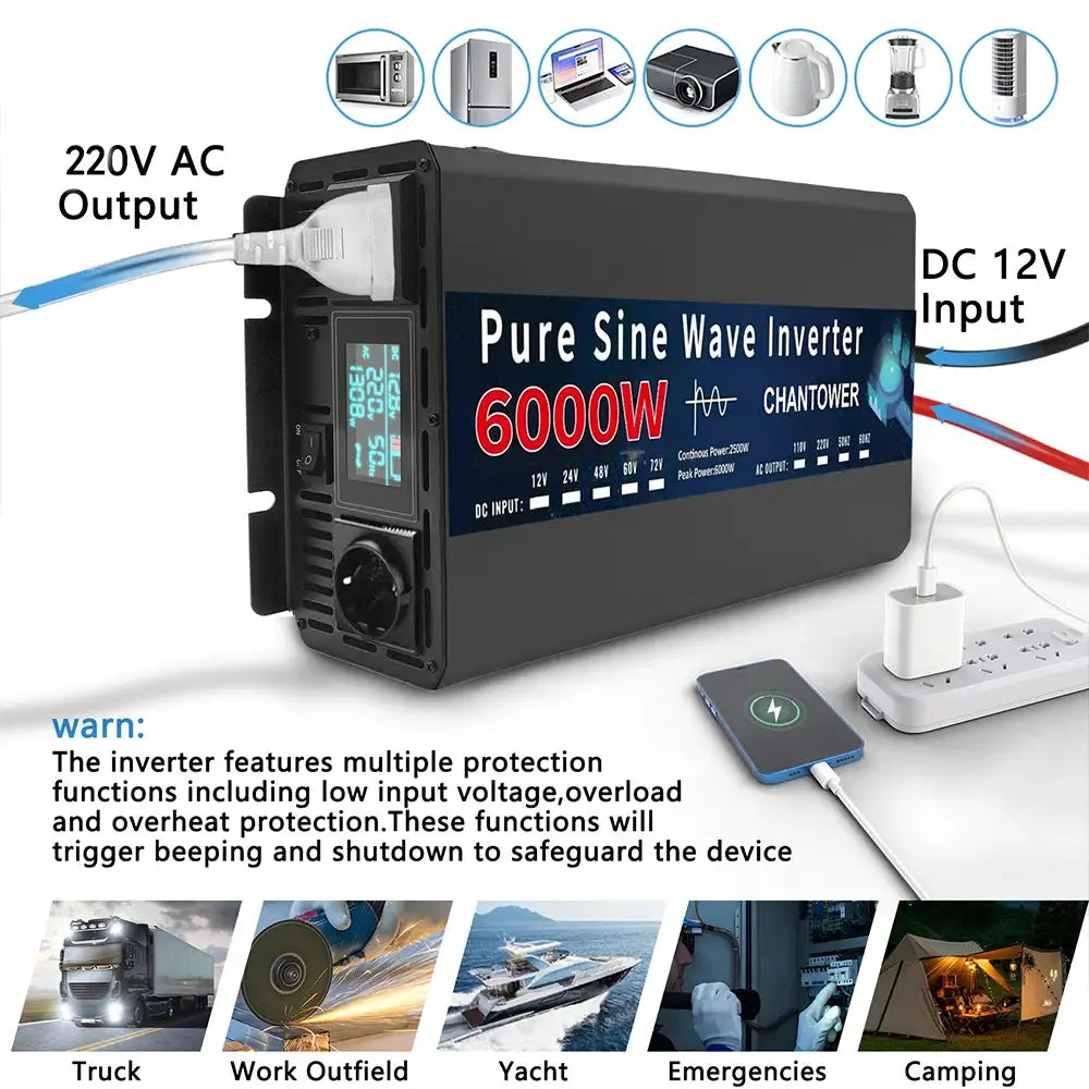 Pure Sine Wave Inverter 12V 220V 24V 1000W 1600W 3000W 4000W 5000W 6000W DC To AC Power Converter Charger Car Solar Inverter