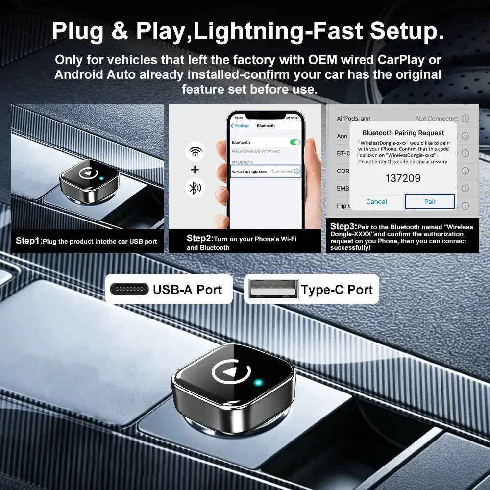 2-in-1 Wireless CarPlay Adapter Wired To Wireless Dongle for Apple & Android Auto Plug and Play for OEM Wired Smart Car Systems