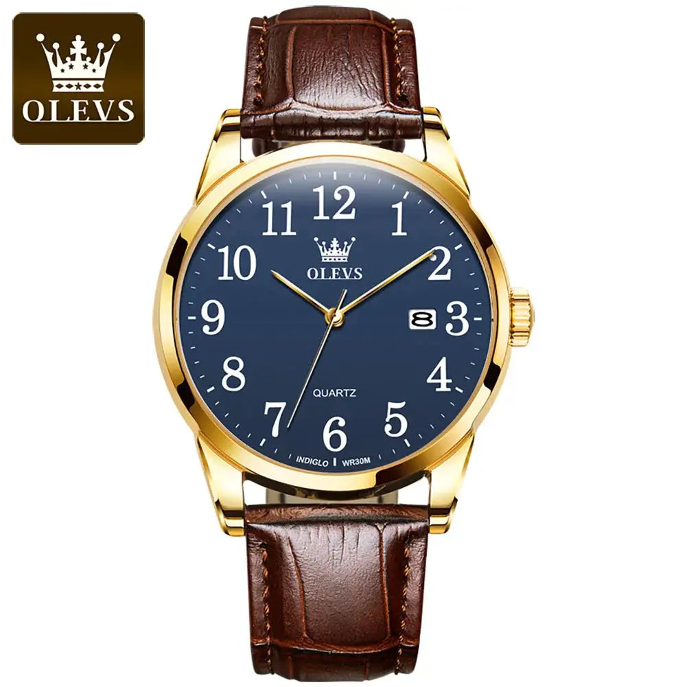 OLEVS 5566 Fashion Quartz Watch For Men Leather Strap Waterproof Original Watch Arabic Numeral Scale HD Calendar Window Watch