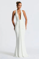 Mozision Deep V Neck Draped Maxi Dresses for Women Halter Backless Club Elegance