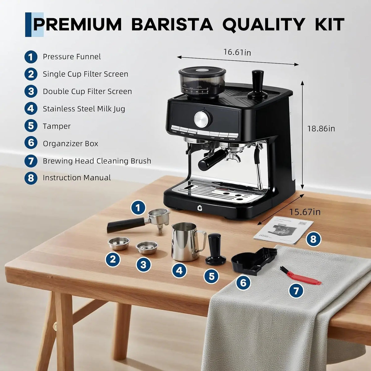 Stainless Steel Espresso Machine with Grinder – , Metal — product view 4