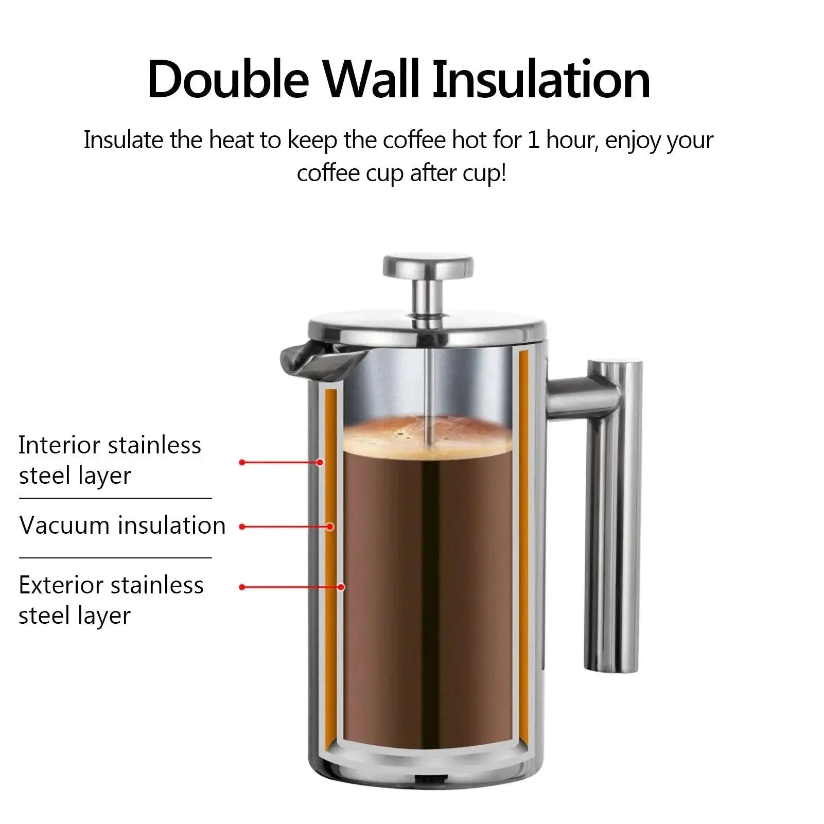 Insulated French Press Coffee Maker Pot 350ml 800ml 1000ml