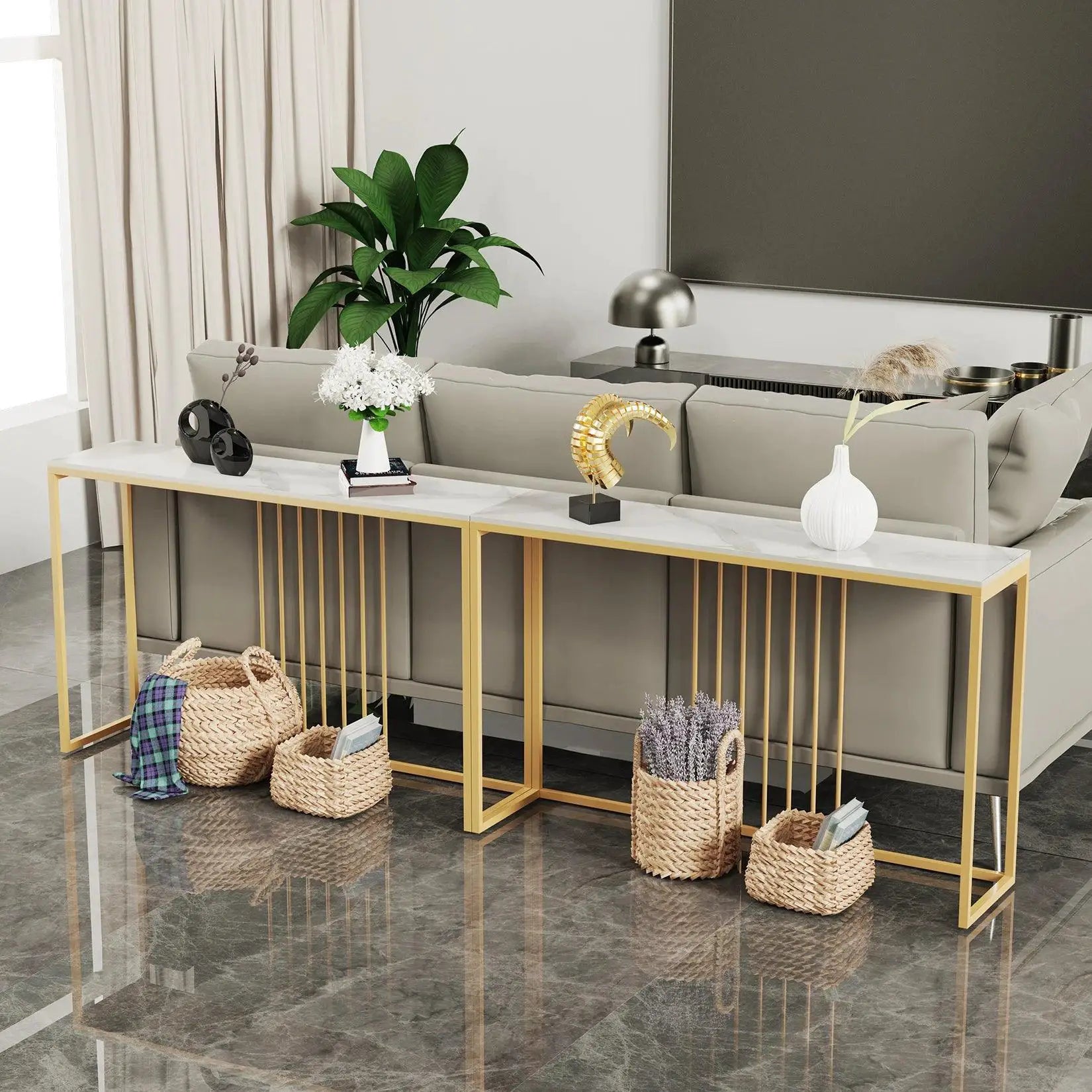 47 Inch Extra Long Console Table Sintered Top Gold Legs