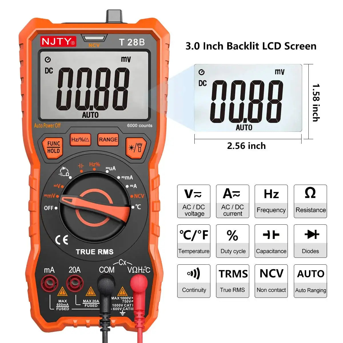 NJTY T28B Digital Multimeter 20A TRMS 6000 Counts Voltage Amp Resistance Diodes Continuity Duty-Cycle Capacitance Temperature