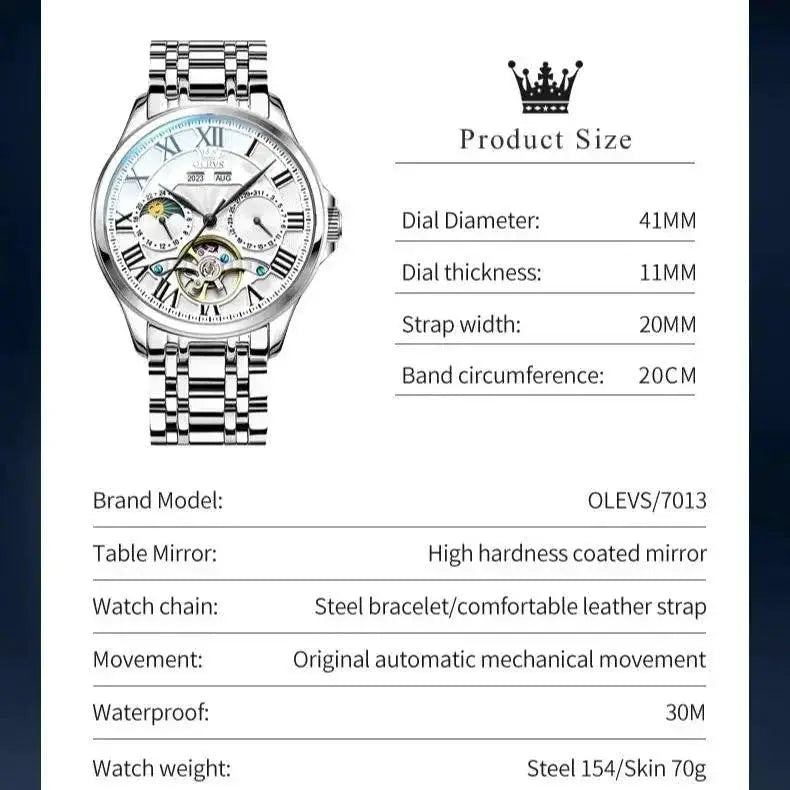 OLEVS Moon Phase Luxury Automatic Watch Roman Dial Steel