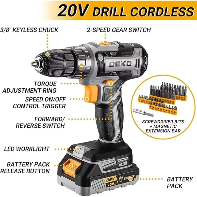 20V DEKO cordless drill kit with battery, manual repair, men's drill,basic toolbox, suitable for household tools