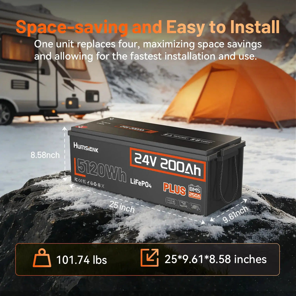 Humsienk 24V 100Ah/200Ah/150Ah LiFePO4 Battery, MAX 15000 Cycles, Built-in 100A/200A/250A BMS, 15000+ Deep Cycle, Low-Temp Protection For RV, Van, Golf Cart, Boat, Camper, Marine, Trolling Motor, Off-Grid, Solar Energy Storag
