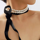 Elegant Black Ribbon Choker Necklace with White Pearls