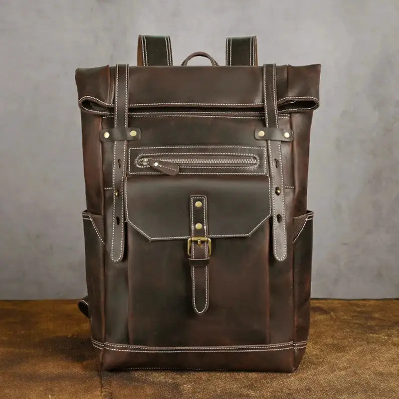Retro Genuine Leather Men's Backpack Large Hiking Bagpack Bag Crazy Horse Leather Travel Backpack Male Rucksack 15.6“Laptop Bag