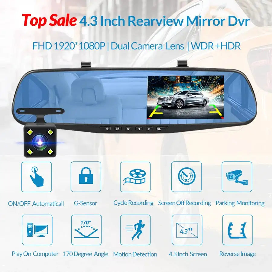 4.3 Inch 1080P Night Vision Camera Dual Lens DVR Rearview Mirror Dashcam Car Dvr Dash Camera Car Video Recorder Auto Bluck Box