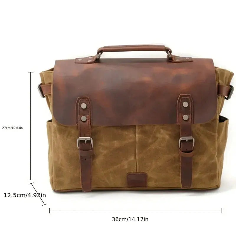 Oil Waxed Canvas Crazy Horse Leather Crossbody Briefcase - OurLum.com