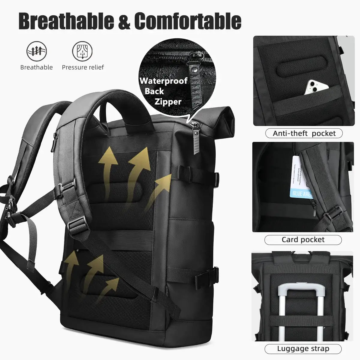 HK Roll-top Travel Backpack Expandable Business Backpack for Men 15.6 Inch Laptop Bag Casual Commute Daypack Computer Men's Bag