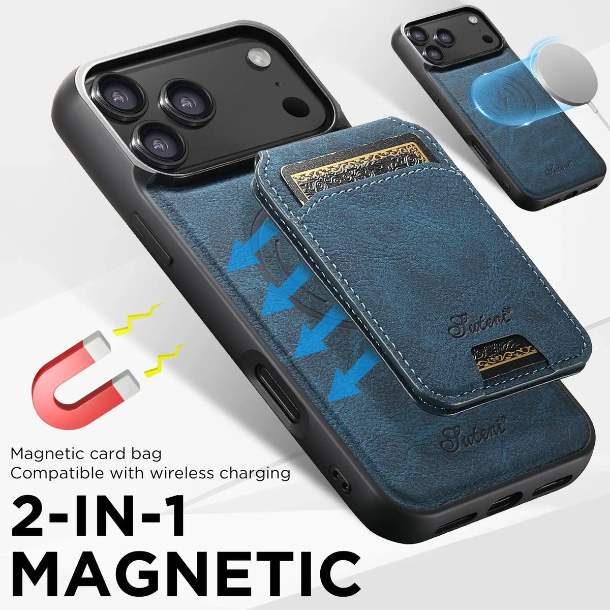 SUTENI Wireless Charging Phone Case Magnet Card Holder Stand Faux Leather For iPhone 18 Pro Max 17 Air 16 Plus 15 14 13 12