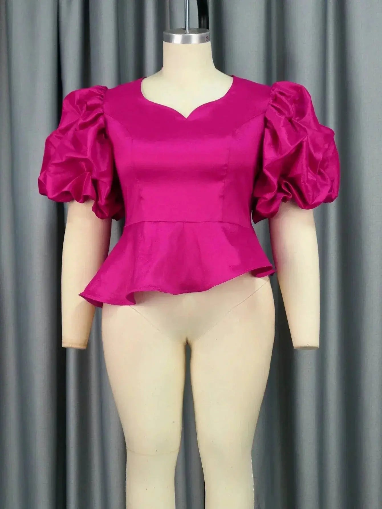 Elegant Peplum Blouse Irregular V Neck Puff Sleeves Ruffles