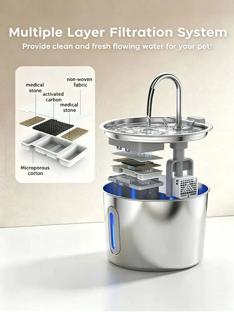 Stainless Steel Cat Water Fountain - 2.2L/74oz Cat Drinking Fountain Quiet Cat Fountain for Indoor Cats and Small Dogs, Automatic Pet Water Dispenser Keeps Fresh Water