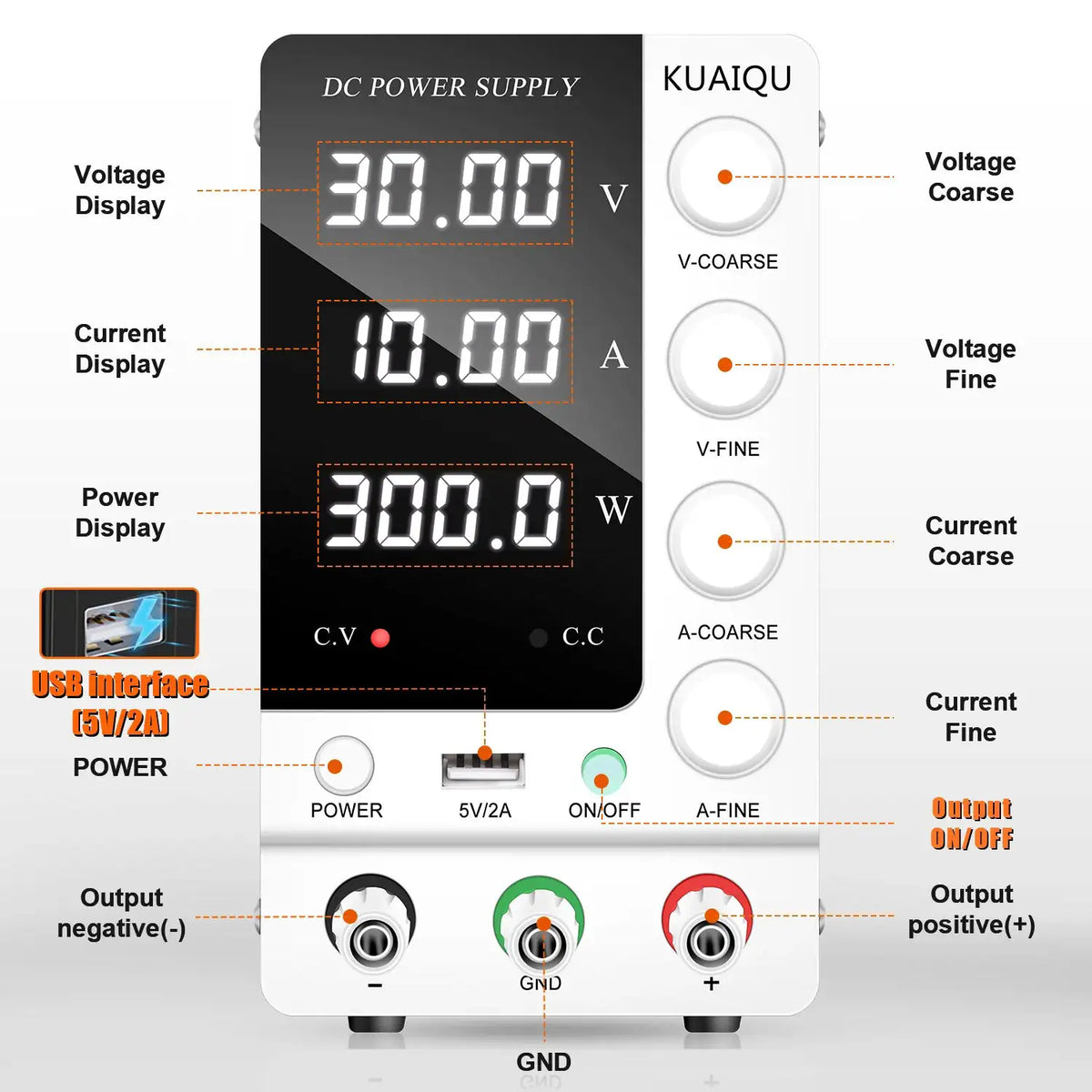 KUAIQU Lab DC Power Supply 30V 10A 6A, Adjustable Switching Bench Power Supply 60V 5A 120V 3A, Preset Current 20A 30A 60A, 4 Digits Display, High Precision, Stable Output