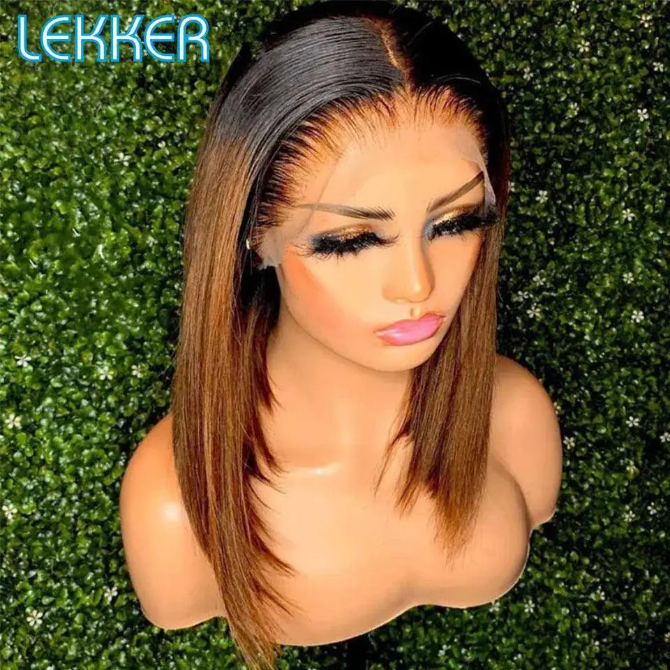 Ombre Brown Straight Bob Lace Front Wig Glueless 99J Red