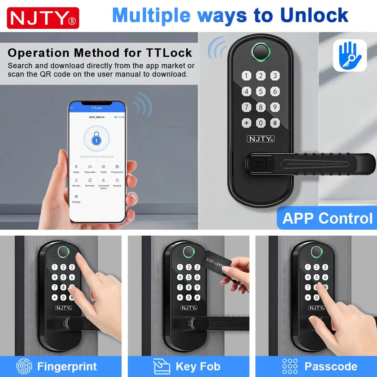 NJTY Fingerprint Door Lock Unlock by Fingerprint/Card/App/Password/NFC/Key Anti-Theft Electronic Door Lock for Bedroom/Outside