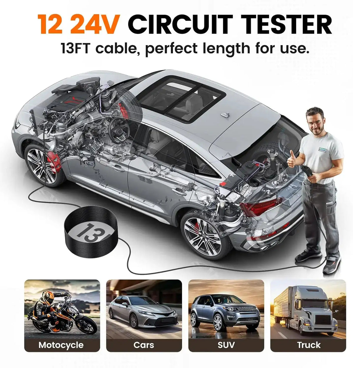 ANCEL PB50 12/24V Car Electric Circuit Tester Probe Pen Tester Resistant Tester Voltage Power Probe Kit for Auto Battery