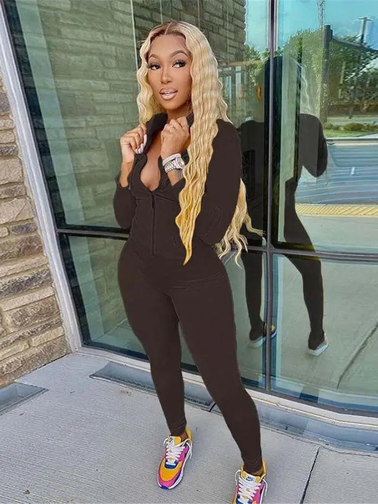 Autumn Streetwear Hooded Jacket Leggings Set for Women