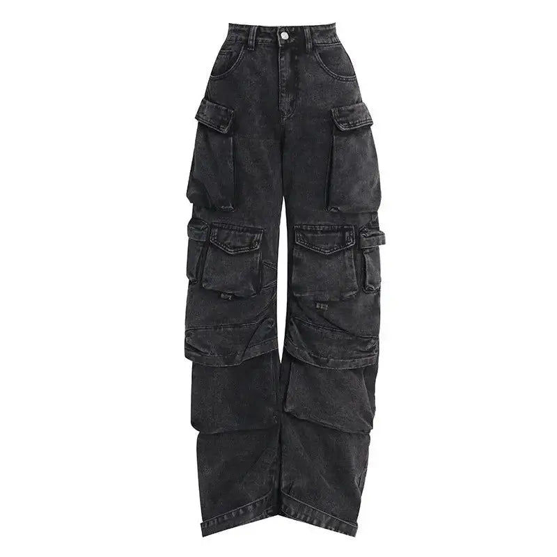 Street Trendy Womens Black Grey Multi Pocket Denim Pants