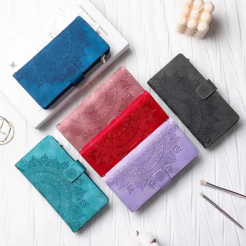 Luxury Zipper Wallet Case for iPhone 17 18 16 Pro Max 16E 15 13 12 11 Pro Plus XR XS Max 7 8 SE Embossed Leather Card Phone Bag