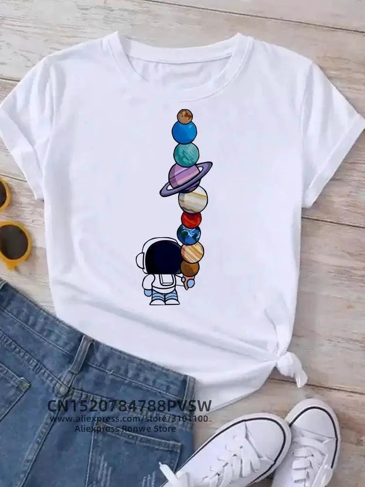 Cosmic Moon Planet Tee Whimsical Space Design Top Fashion