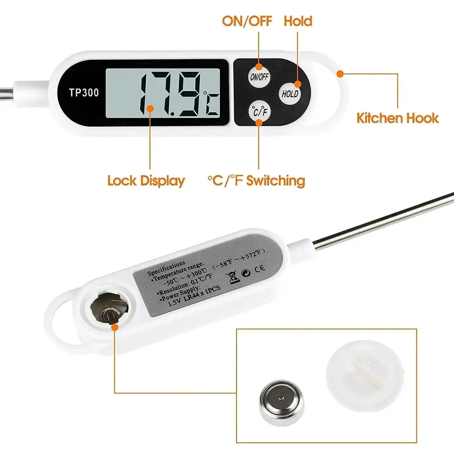 Meat Thermometer Quick Read Long Probe Auto Off LCD Kitchen