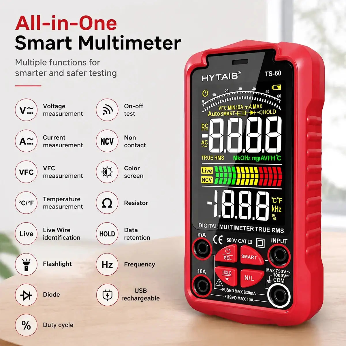HYTAIS TS60 Smart Digital AC DC Multimeter 6000 Counts True RMS Auto Ranging Rechargeable Lithium Battery NCV Live Wire Detector