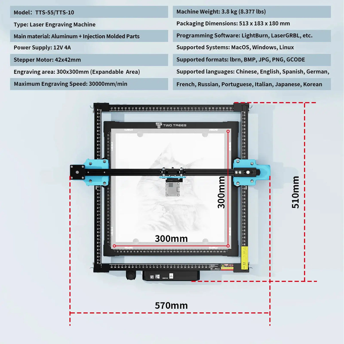 TwoTrees TTS-55 Pro Laser Engraver With Wifi Offline Control 445±5nm Blue Light Laser Engraving Cutting Machine Stainless Steel Carving Wood Acrylic Cutting