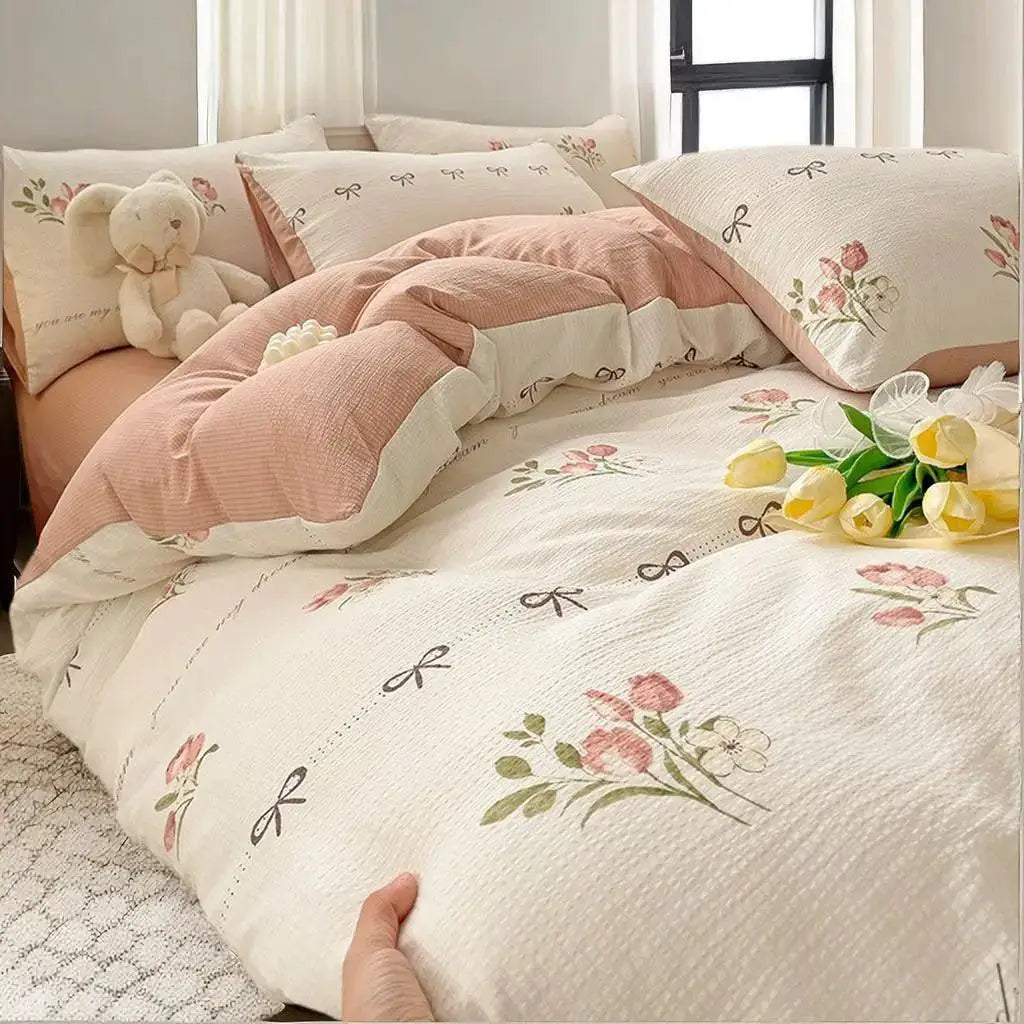 Cute Bear Pink Flower Bedding Set Soft Washed Cotton Quilt