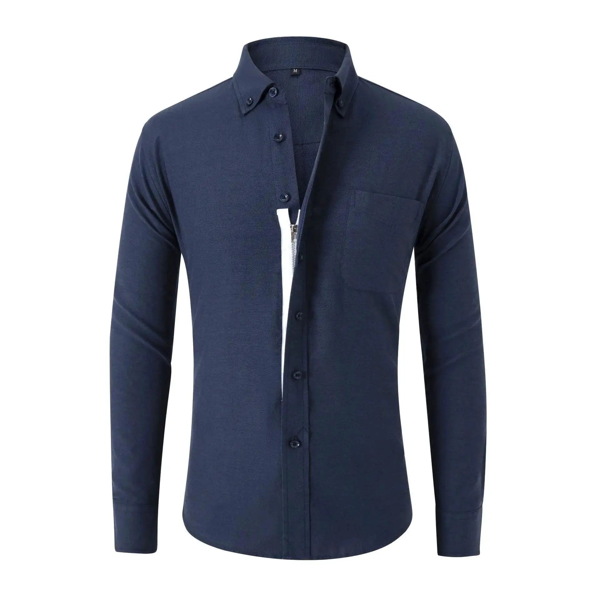 Mens Oxford Spun Shirt Zipper Long Sleeve Solid Color