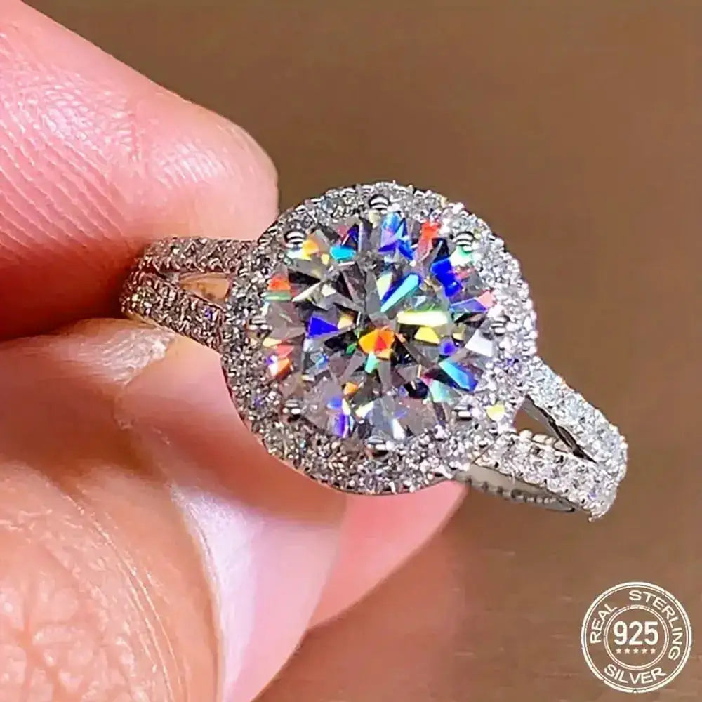 Round Moissanite Ring in Sterling Silver Band — product view 1