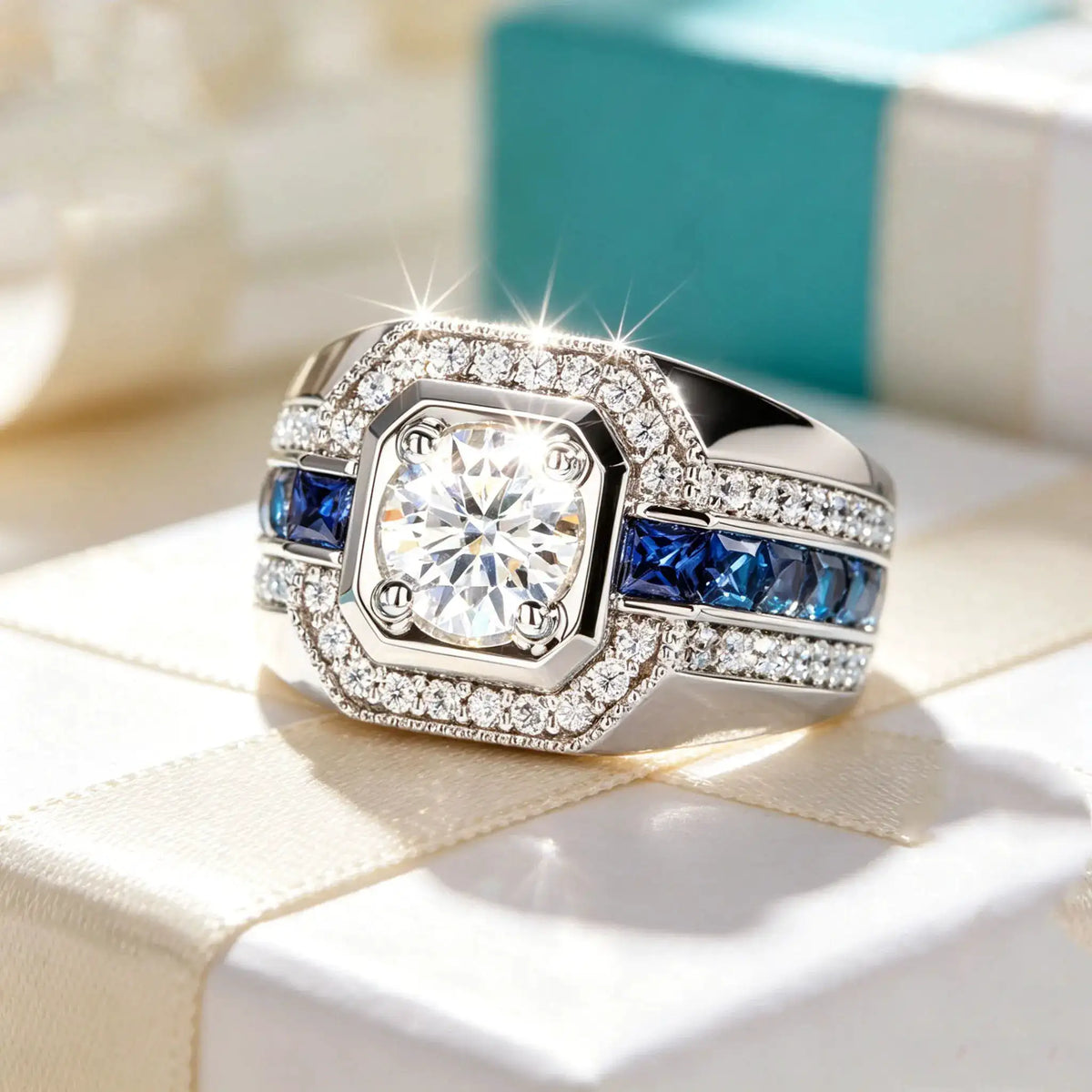 Square-profile statement ring described with a blue moissanite stone