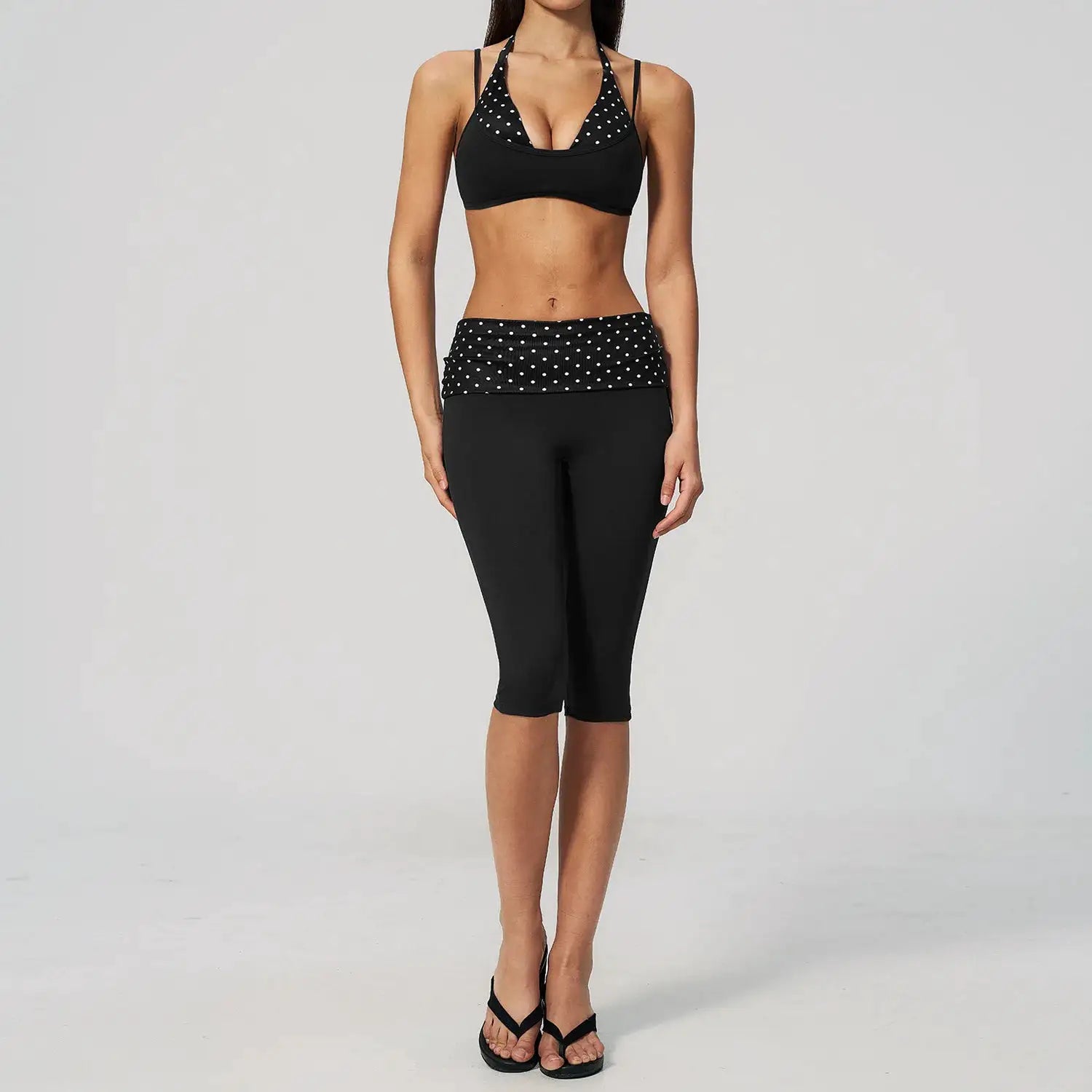 Women 2Pcs Yoga Set Halter Sports Bra Fold Over Waist Capri Leggings Striped Polka Dot Fitness Running Workout Gym Activewear