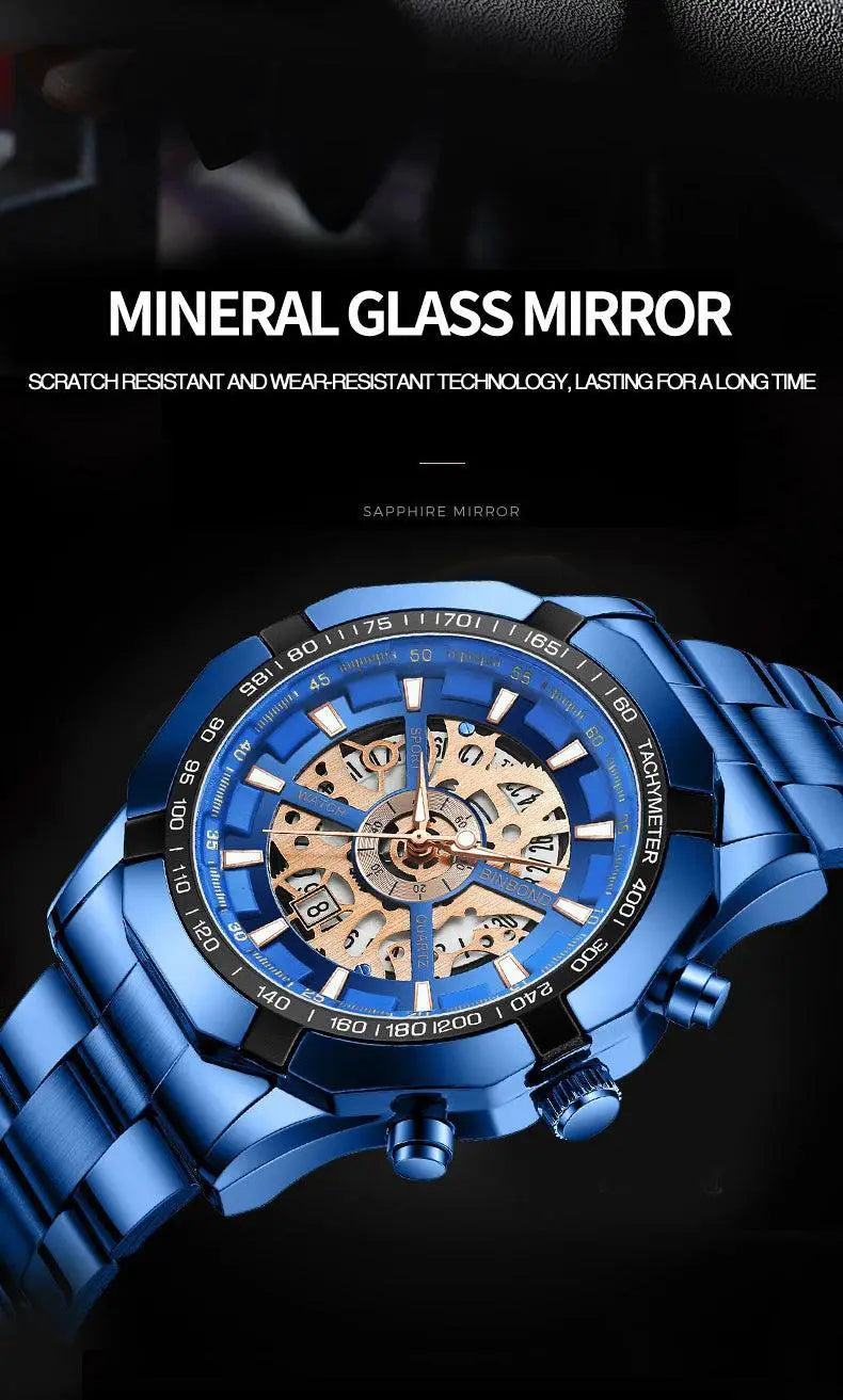 Luxury Blue Dial Stainless Steel Mens Watch Hollow Design
