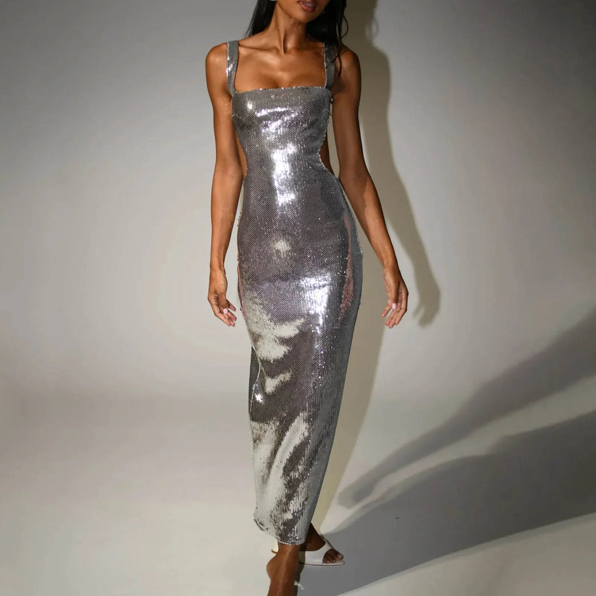 Silver Sequin Backless Maxi Dress